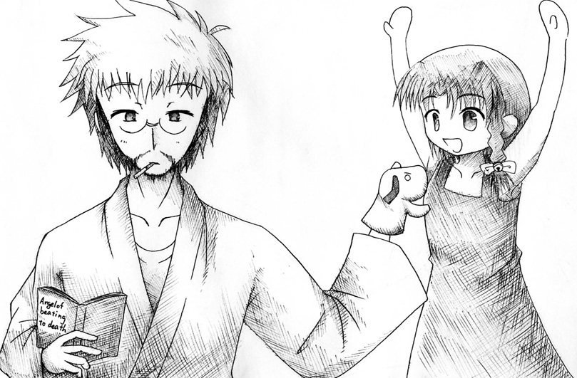 aoba kozue, haibara yukio, johnny ryuusei, mahoraba, 00s, monochrome, sketch