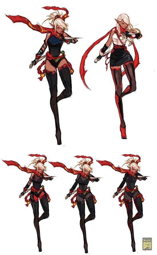kunoichi (dungeon and fighter), thief (dungeon and fighter), dungeon and fighter, concept art, official art, alternate costume, alternate hairstyle, arm up, bare arms, bare shoulders, black leotard, black skirt, bodysuit, boots, dark skin, dual wielding, elbow gloves, floating scarf, gloves, grey bodysuit, groin, hair ornament, hairband, hand up, high ponytail, holding, knee up, kunai, leotard, long hair, ninja, outstretched arm, pantyhose, pointy ears, ponytail, red pantyhose, red scarf, scarf, shirt, short ponytail, sidelocks, skirt, standing, standing on one leg, swept bangs, thigh boots, thighhighs, weapon, white background, white hair, white shirt, zettai ryouiki