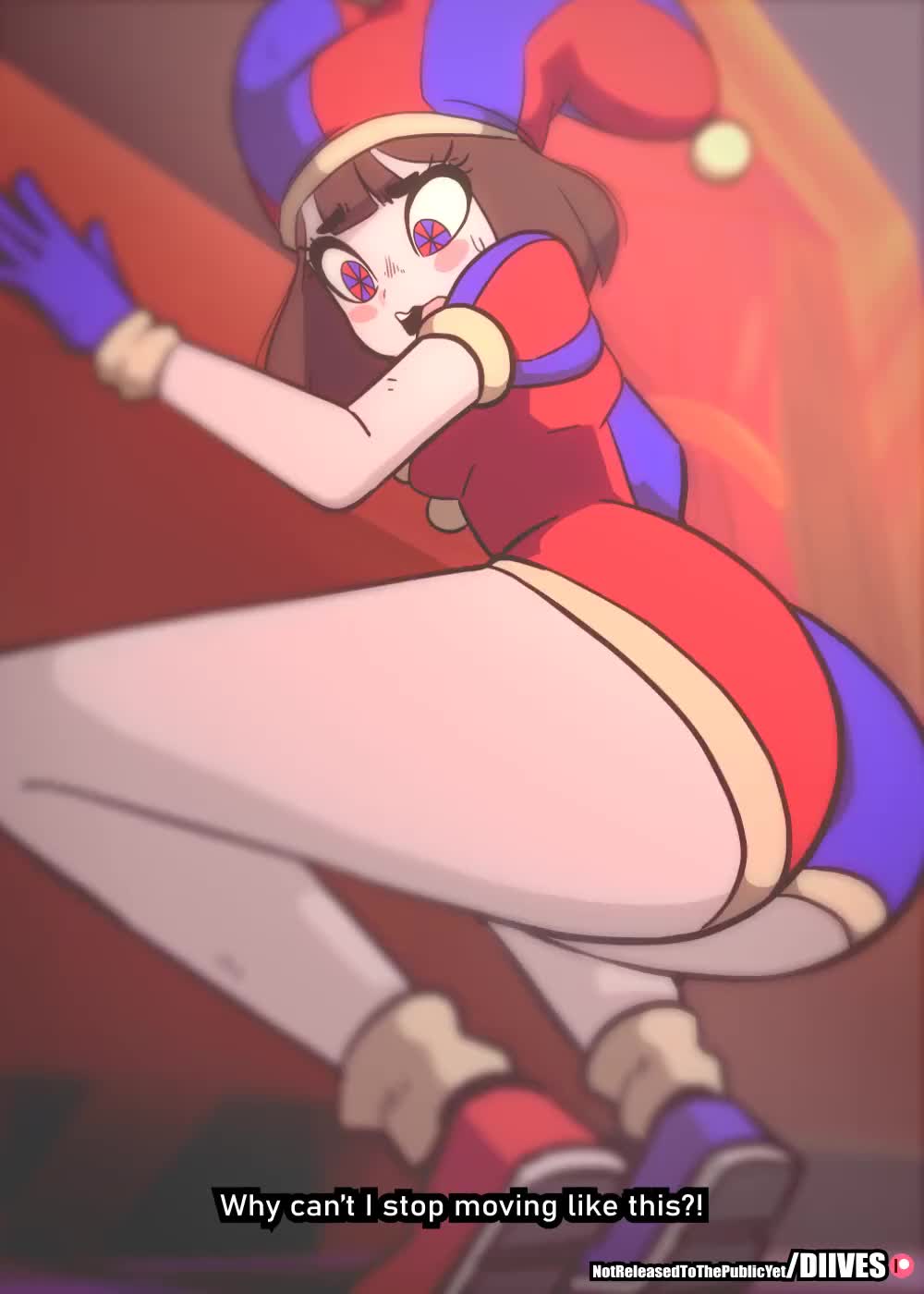 diives, pomni (the amazing digital circus), the amazing digital circus, animated, highres, sound, tagme, video, 1girl, anus, ass, ass focus, ass shake, breasts, brown hair, colored skin, dildo, dildo riding, disappearing clothes, embarrassed, english text, female focus, hat, humiliation, jester, jester cap, jester costume, jester girl, moaning, multicolored eyes, nipples, nude, pussy, sex toy, small breasts, solo, twerking, white skin