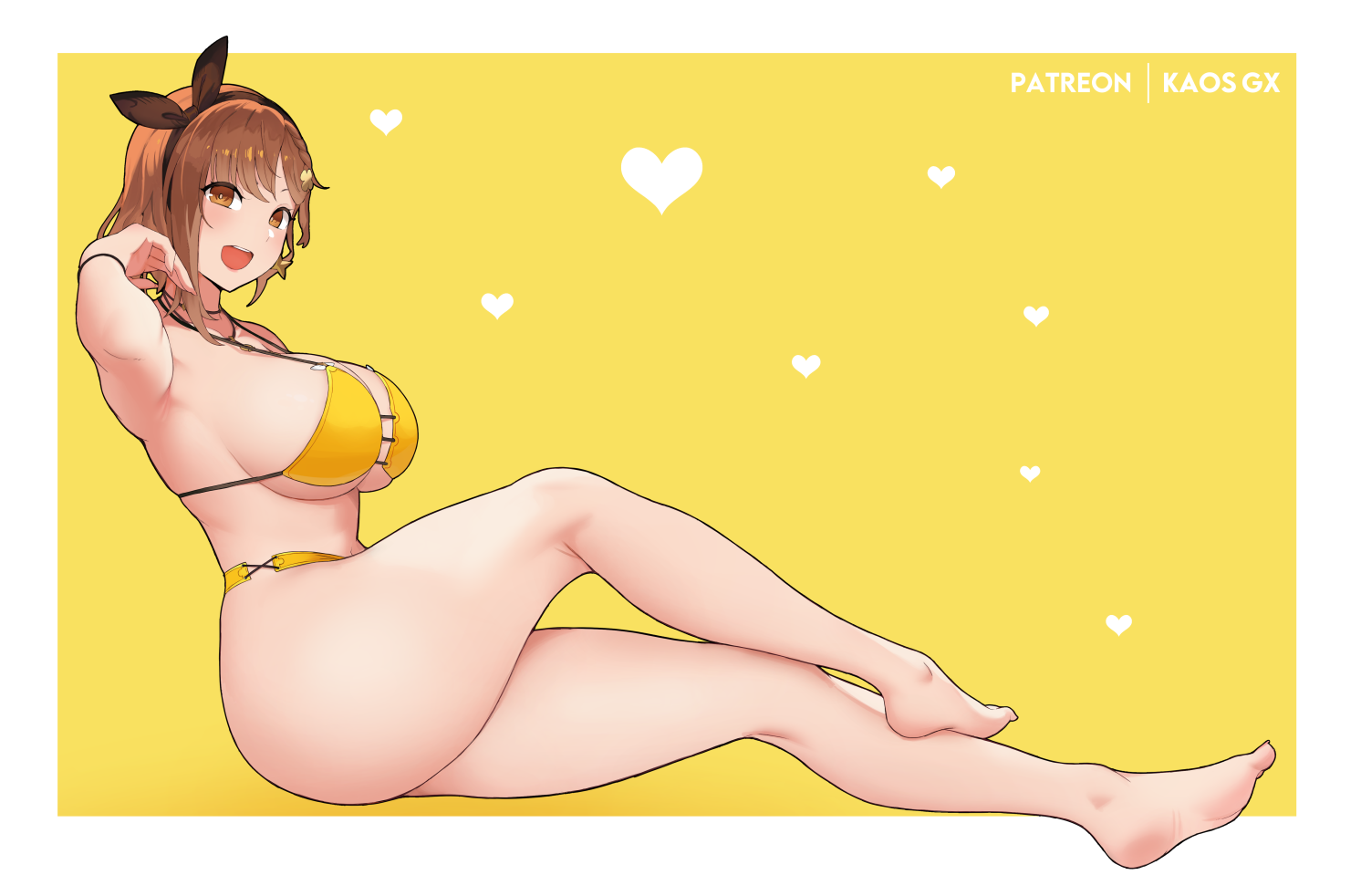 kaos art, reisalin stout, atelier (series), atelier ryza, paid reward available, 1girl, :d, arm up, armpits, artist name, barefoot, bikini, black hairband, blush, border, breasts, brown eyes, collarbone, feet, hairband, huge breasts, jewelry, knee up, legs, long legs, looking at viewer, medium hair, necklace, open mouth, orange bikini, sitting, smile, soles, solo, swimsuit, thick thighs, thighs, toenails, toes, white border, yellow background