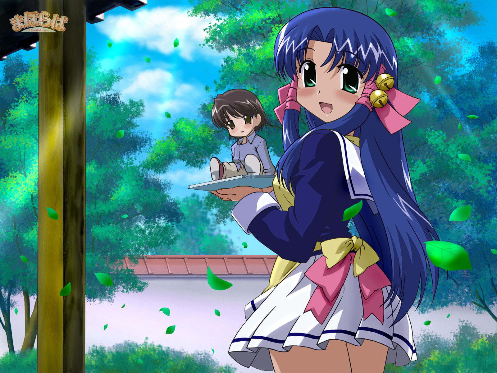 aoba kozue, shiratori ryushi, mahoraba, highres, 00s, blue hair, brown eyes, brown hair, green eyes, school uniform, serafuku