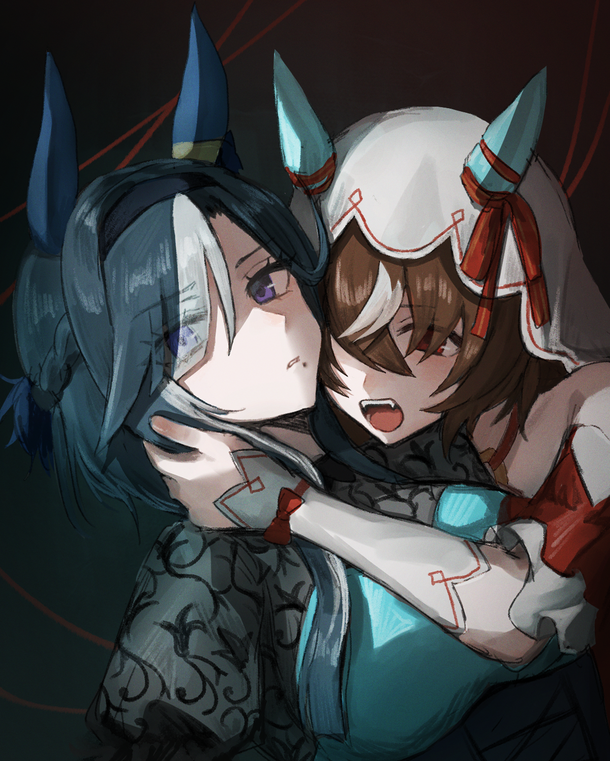 himo (user rzgz5877), still in love (umamusume), umamusume, highres, 2girls, admire groove (umamusume), animal ears, asymmetrical bangs, blue hair, bow, braid, brown hair, ear covers, ear ornament, ear ribbon, eyes visible through hair, hair over eyes, hair over one eye, hairband, half up braid, hand on another's nape, horse ears, lace, mole, mole under mouth, multicolored hair, multiple girls, purple eyes, red eyes, rivalry, sideways glance, streaked hair, two-tone hair, upper body, veil, white hair, white veil, wrist bow, yuri