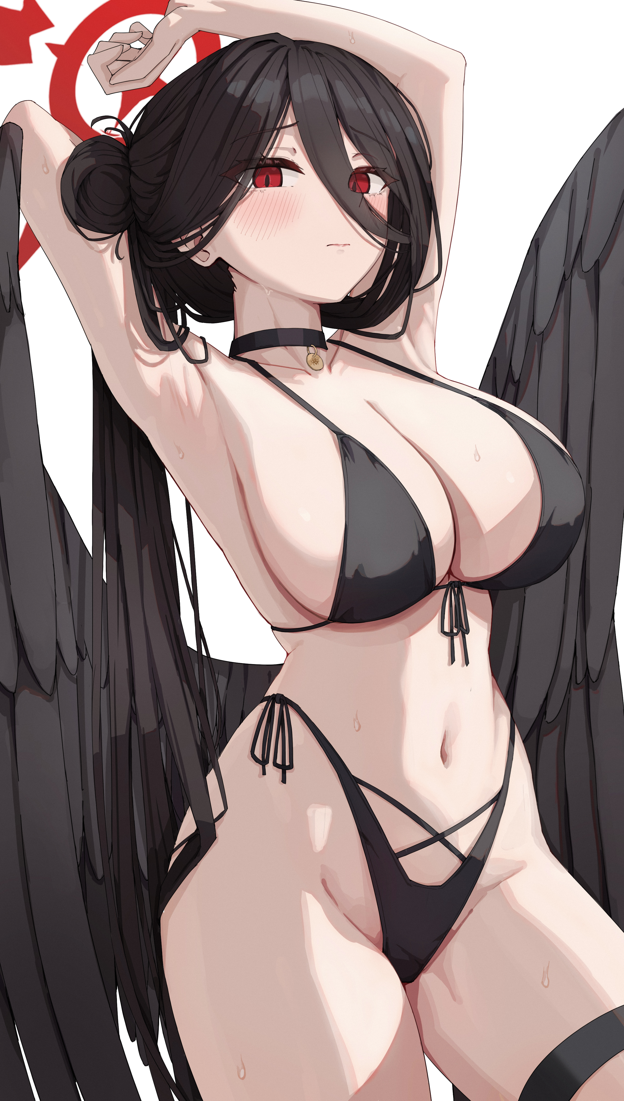 mimma ring (nobuyueli), hasumi (blue archive), hasumi (swimsuit) (blue archive), blue archive, absurdres, highres, 1girl, armpits, arms behind head, arms up, bare shoulders, bikini, black bikini, black hair, blush, breasts, choker, cleavage, halo, large breasts, long hair, looking at viewer, navel, red eyes, solo, swimsuit, thighs