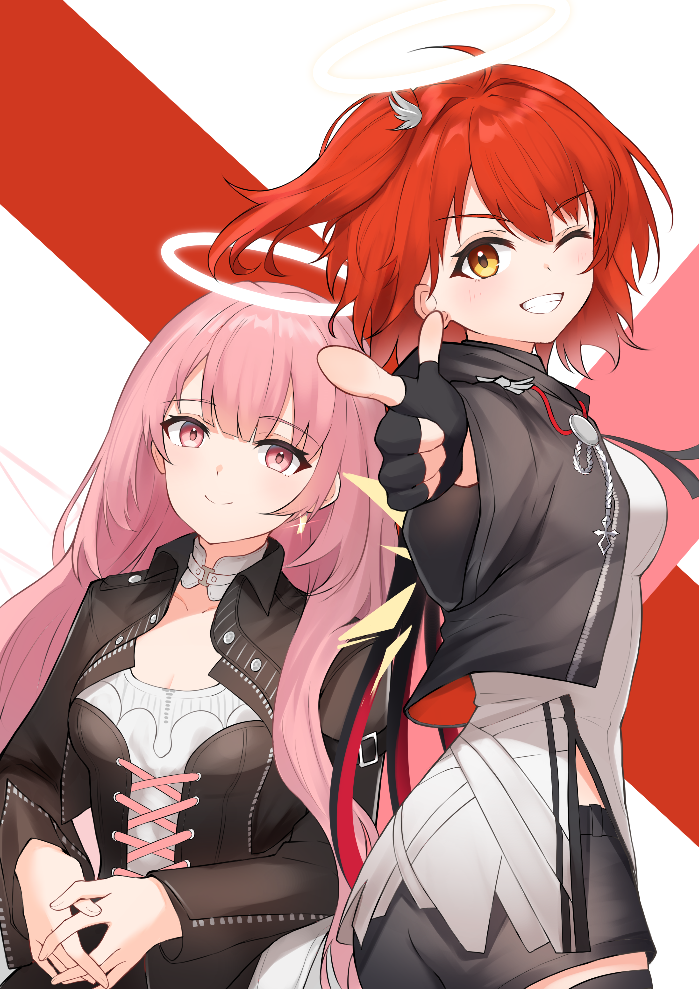k@bu, exusiai (arknights), exusiai the new covenant (arknights), lemuen (arknights), arknights, absurdres, commentary, highres, 2girls, ;d, black gloves, black jacket, breasts, cleavage, closed mouth, earrings, fingerless gloves, glint, gloves, grin, halo, interlocked fingers, jacket, jewelry, long hair, long sleeves, looking at viewer, multiple girls, one eye closed, one side up, open mouth, own hands together, pink eyes, pink hair, pointing, pointing at viewer, red hair, short hair, small breasts, smile, traditional halo, white halo, wide sleeves, yellow eyes