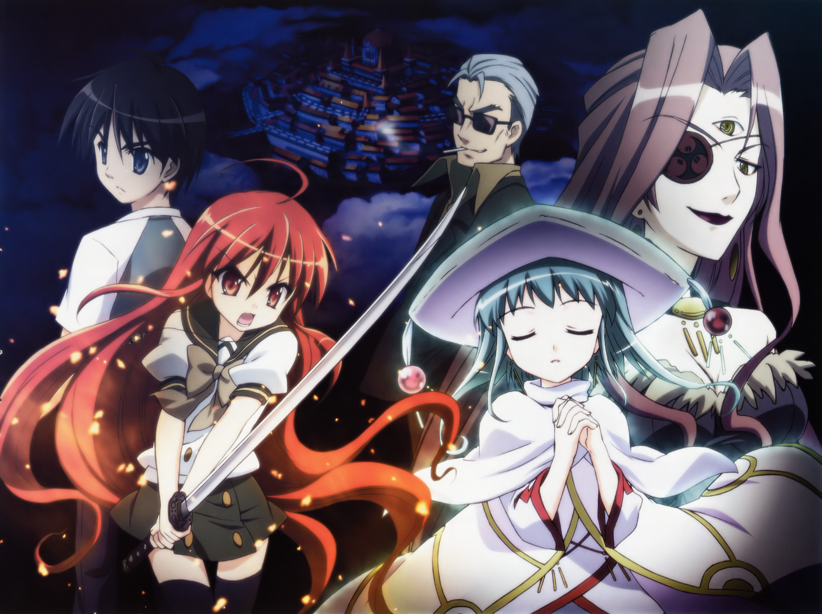 hecate (shakugan no shana), shana, shakugan no shana, absurdres, highres, tagme, 00s, blue hair, brown eyes, brown hair, school uniform, serafuku, sword, thighhighs, weapon, white hair