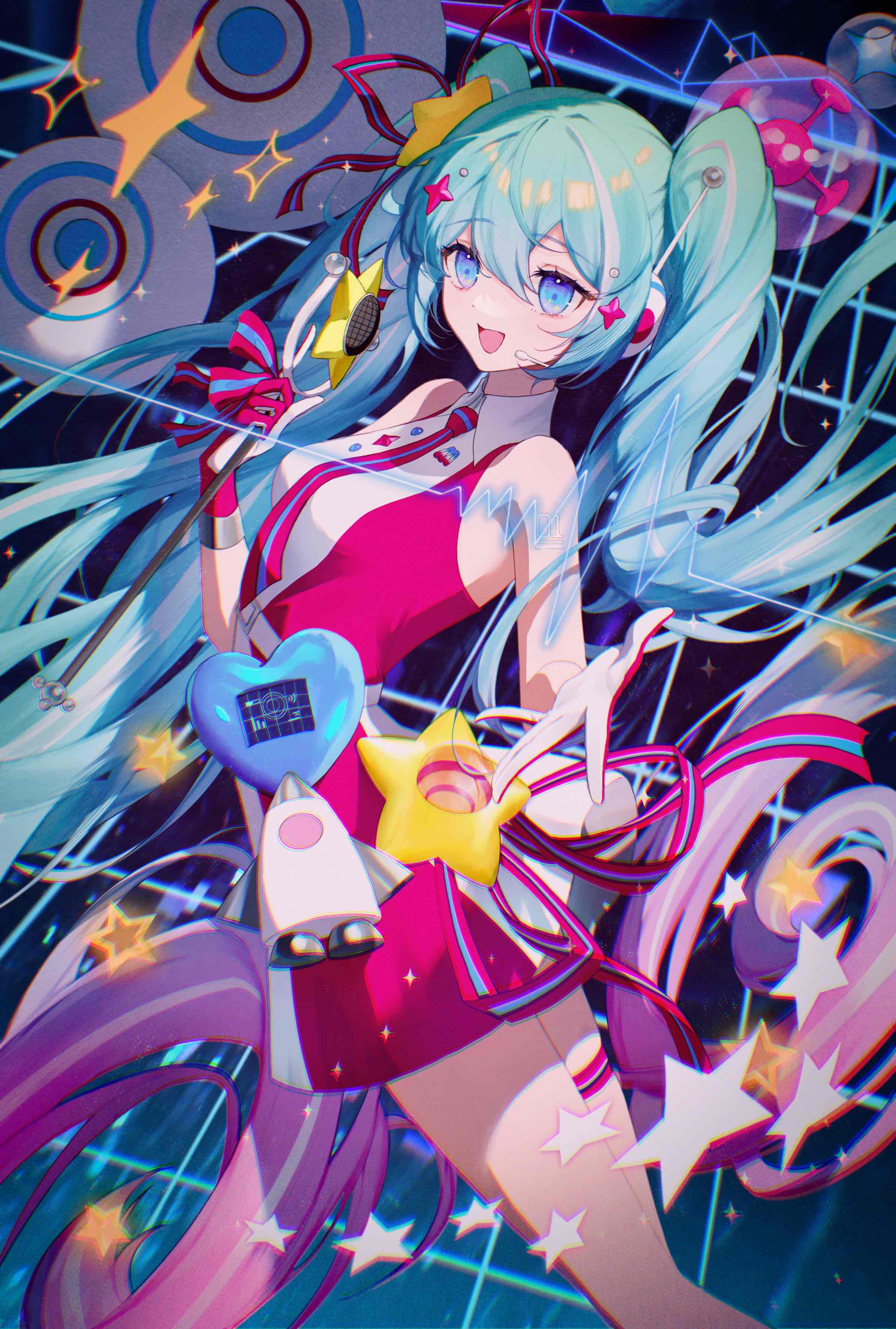 osage (8545675), hatsune miku, magical mirai miku, magical mirai miku (2022), magical mirai (vocaloid), vocaloid, absurdres, highres, 1girl, aqua hair, blue eyes, breasts, collared dress, dress, gradient hair, hair between eyes, hair ornament, headset, holding, holding wand, long hair, looking at viewer, medium breasts, multicolored hair, official alternate costume, official alternate hairstyle, open mouth, pink dress, pink hair, sleeveless, smile, solo, star (symbol), star hair ornament, thigh strap, twintails, two-tone dress, very long hair, wand