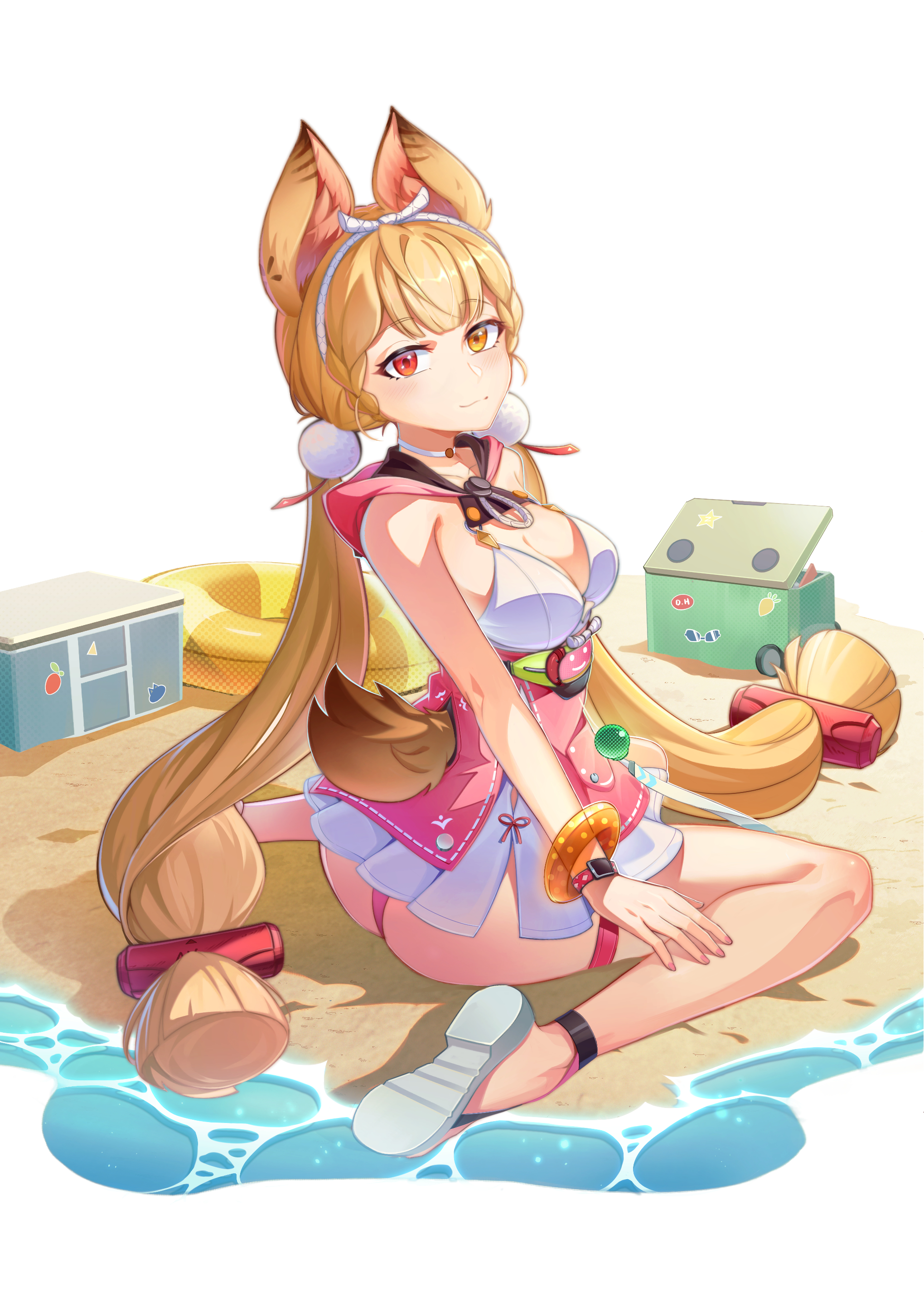dh jiangjiang, alice thymefield, alice thymefield (sea of thyme), zenless zone zero, absurdres, highres, 1girl, animal ears, beach, blonde hair, breasts, closed mouth, heterochromia, long hair, looking at viewer, medium breasts, official alternate costume, one-piece swimsuit, rabbit ears, rabbit girl, rabbit tail, red eyes, sand, sandals, smile, solo, swimsuit, tail, very long hair, water, white background, white one-piece swimsuit, white sandals, yellow eyes