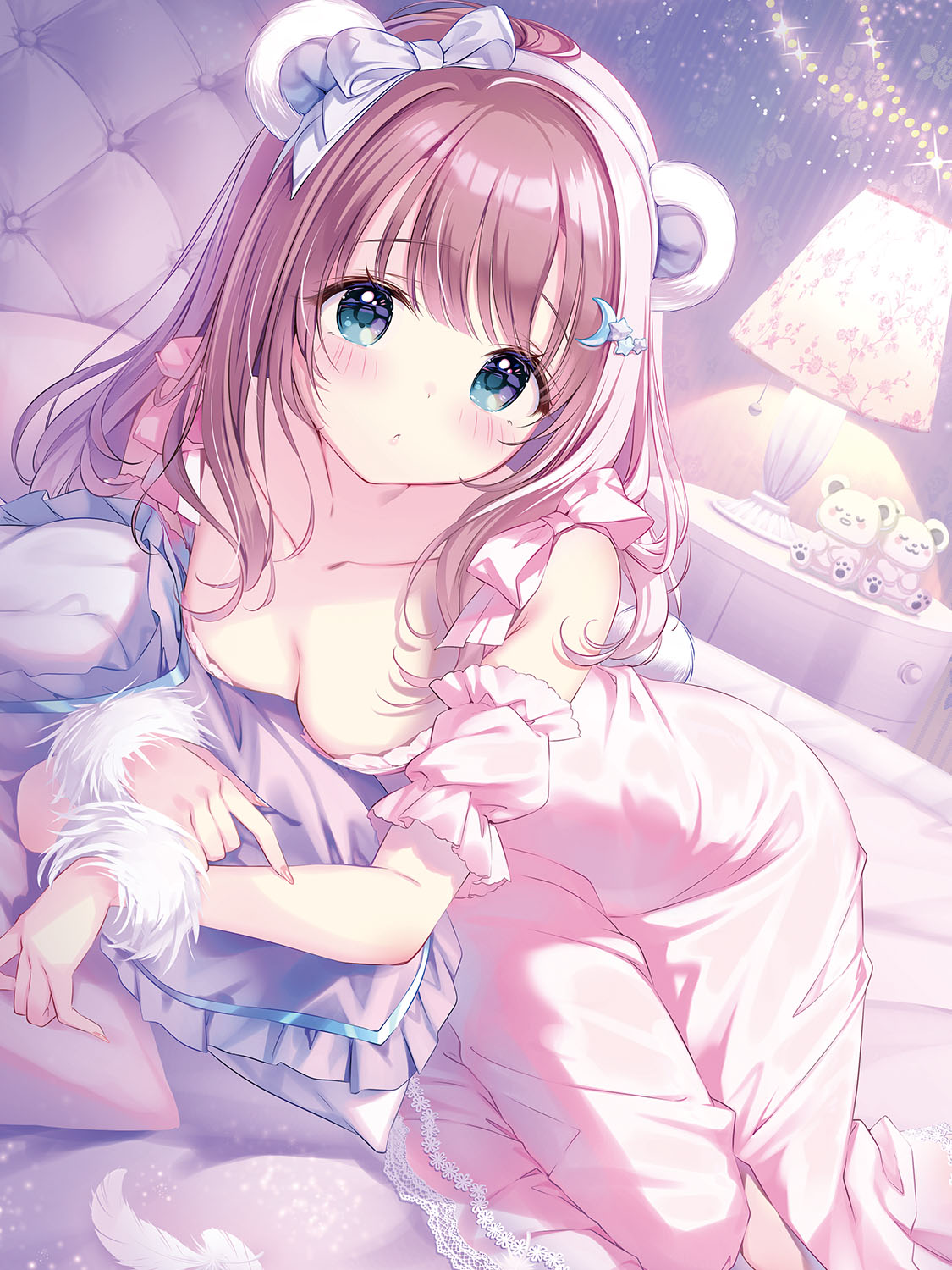 kimishima ao, momoi saki, original, commentary request, highres, 1girl, bare shoulders, bed, blue eyes, blue hair, blush, bow, breasts, brown hair, cleavage, closed mouth, collarbone, dot nose, dress, hair bow, hair ornament, indoors, lamp, long hair, looking at viewer, lying, medium breasts, on bed, pink dress, solo, stuffed animal, stuffed toy, teddy bear