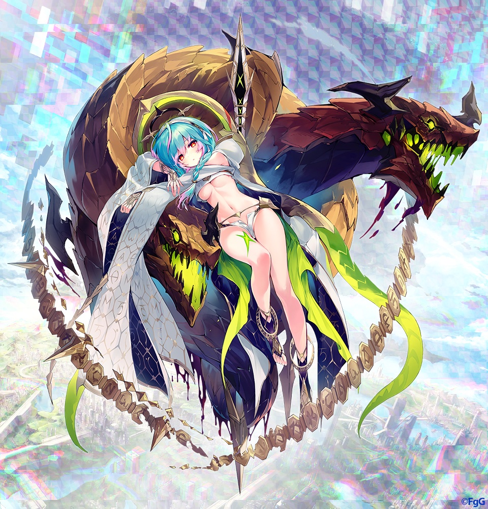 shibuhiko, cassius (phantom of the kill), phantom of the kill, commentary request, official art, second-party source, 1girl, aqua hair, black socks, braid, breasts, expressionless, full body, hair between eyes, halo, looking at viewer, lying, medium breasts, multicolored hair, navel, official alternate costume, orange eyes, pink hair, polearm, short shorts, shorts, sitting, socks, solo, spear, thighs, two-tone hair, underboob, weapon, white shorts, wide sleeves