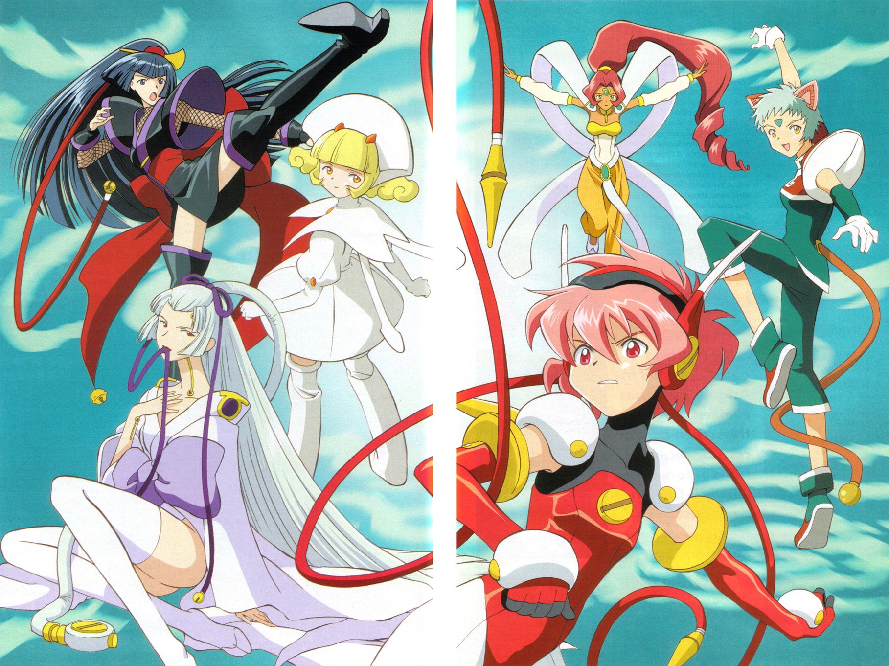 blanche, hikaru (angelic layer), mao (angelic layer), ranga (angelic layer), shirahime (angelic layer), suzuka (angelic layer), angelic layer, highres, black hair, blonde hair, blue hair, brown hair, nurse, pink hair, red eyes, thighhighs, yellow eyes