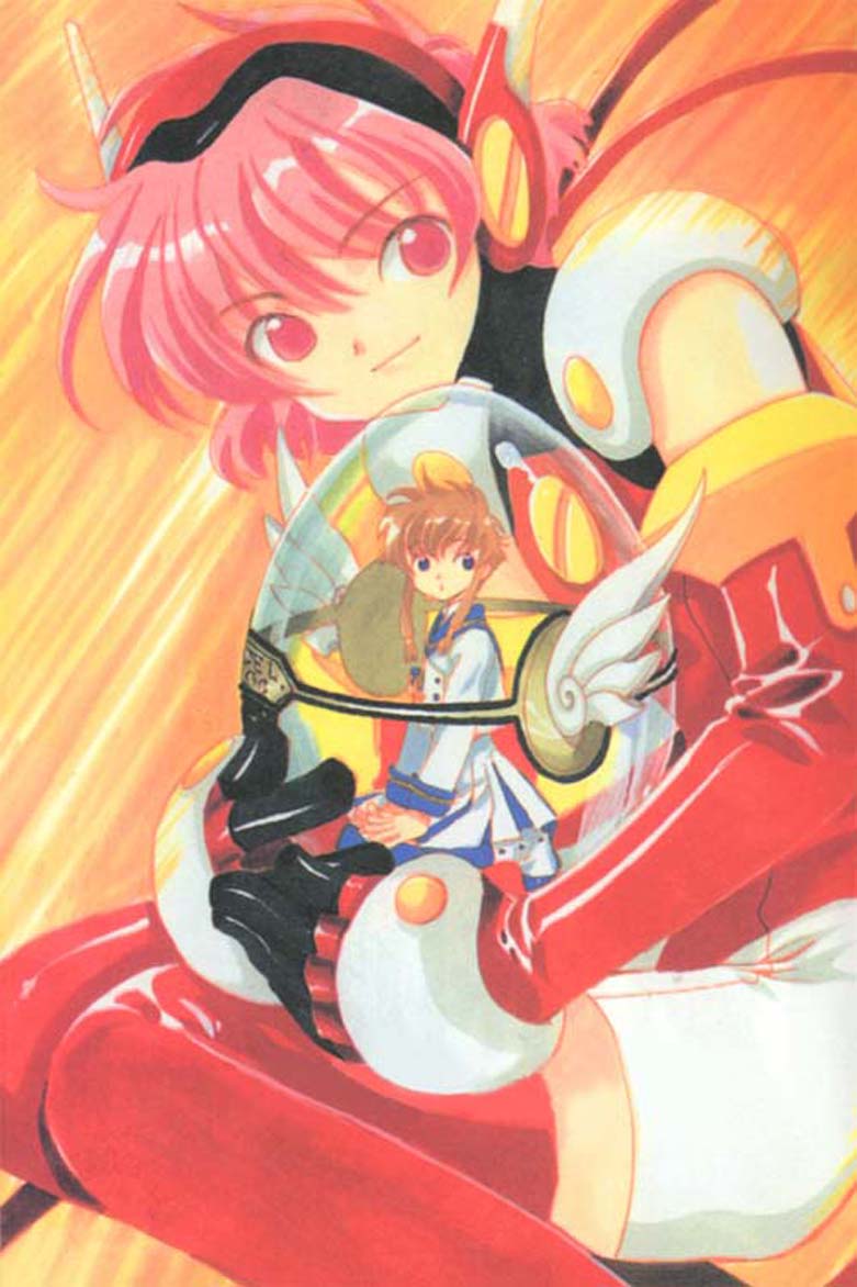hikaru (angelic layer), suzuhara misaki, angelic layer, blue eyes, brown hair, pink hair, red eyes, school uniform, serafuku