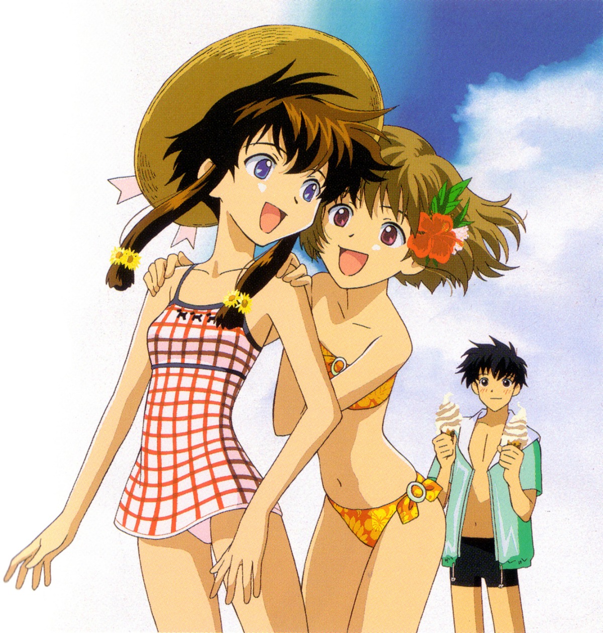 kizaki tamayo, kobayashi kotaro, suzuhara misaki, angelic layer, highres, black hair, blue eyes, brown hair, pink eyes, swimsuit