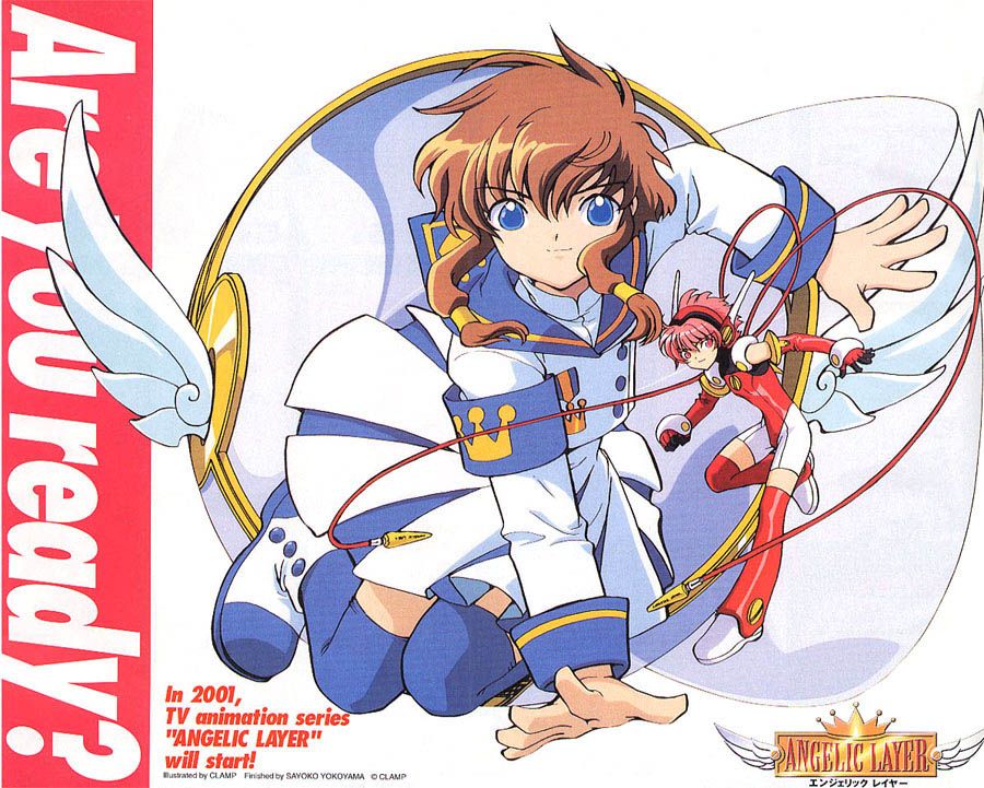 hikaru (angelic layer), suzuhara misaki, angelic layer, blue eyes, brown hair, pink hair, red eyes, school uniform, serafuku, thighhighs