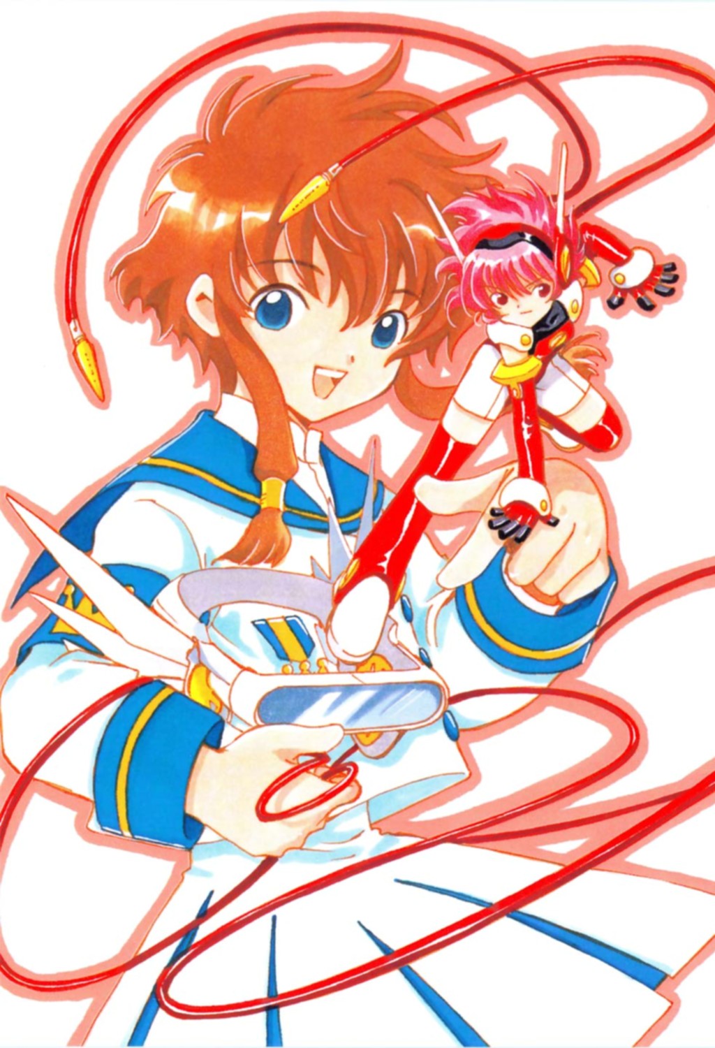 hikaru (angelic layer), suzuhara misaki, angelic layer, highres, blue eyes, brown hair, pink hair, red eyes, school uniform, serafuku