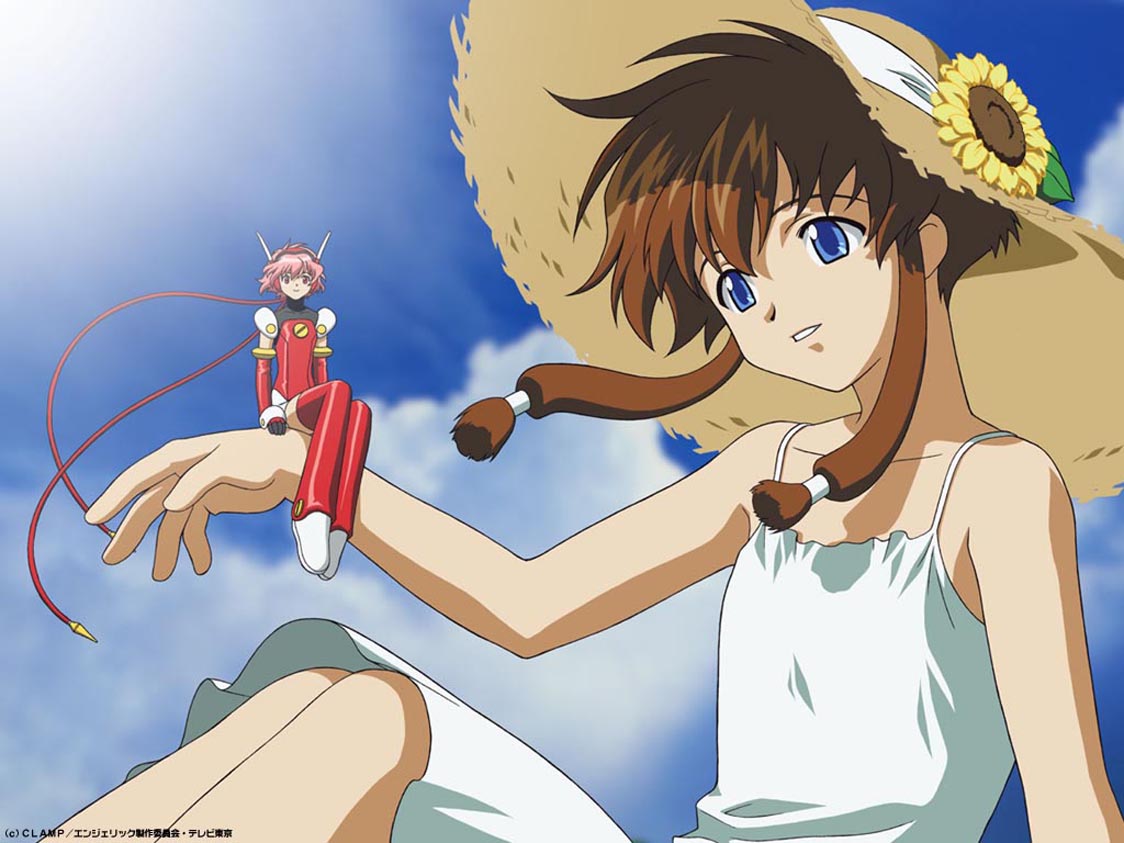 hikaru (angelic layer), suzuhara misaki, angelic layer, blue eyes, brown hair, pink hair, red eyes