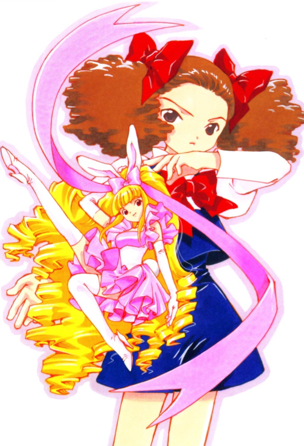 alice (angelic layer), fujisaki arisu, angelic layer, highres, 2girls, angry, animal ears, blonde hair, boots, brown hair, dress, happy, long hair, looking at viewer, miniskirt, multiple girls, rabbit ears, short dress, simple background, skirt, smile, thigh boots, thighhighs, very long hair, white background