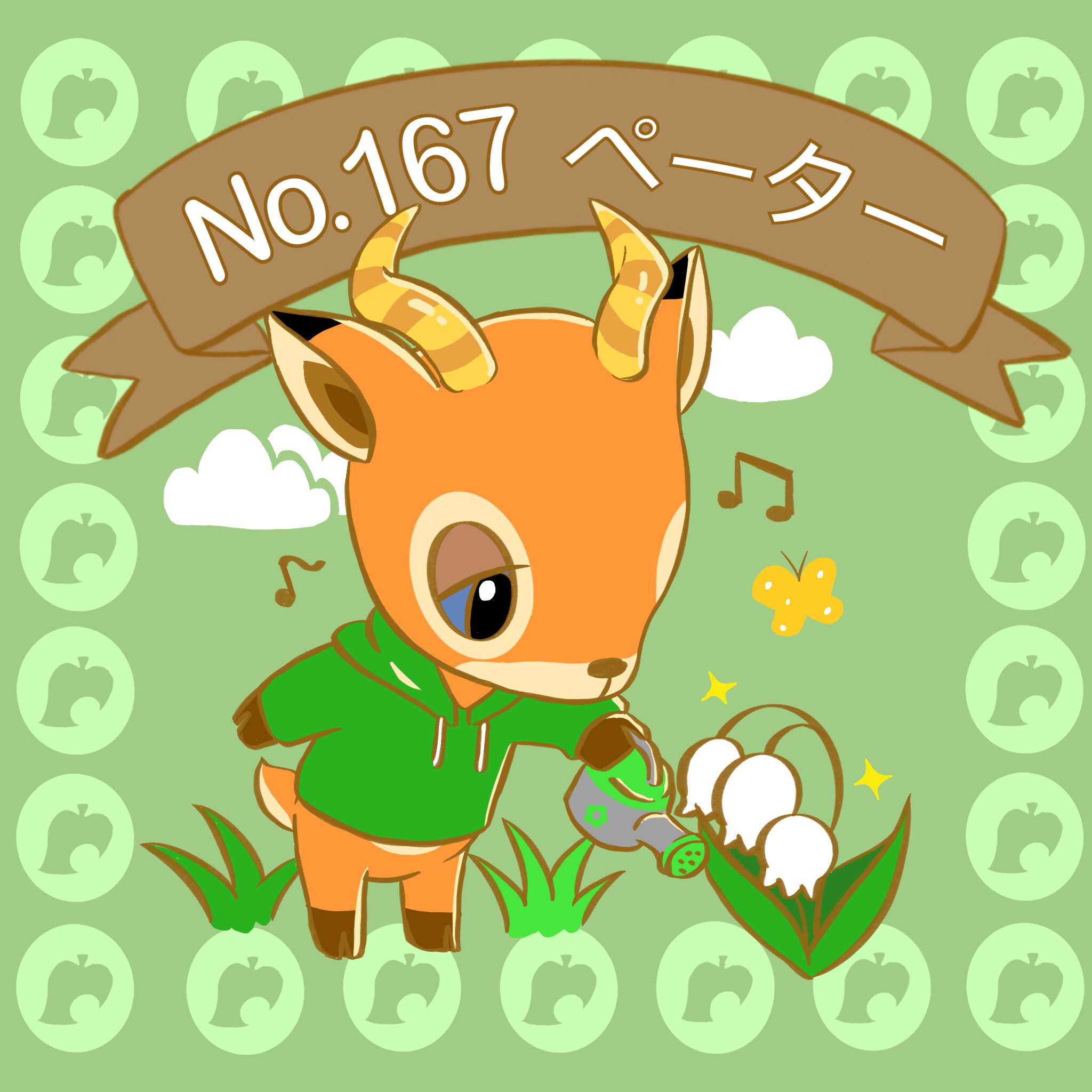 chiren (kc chen), beau (animal crossing), animal crossing, nintendo, commentary request, highres, translation request, 1boy, blue sclera, colored sclera, deer boy, eighth note, flower, green background, green hoodie, hood, hood down, hoodie, lily of the valley, male focus, musical note, quarter note, solo, watering can
