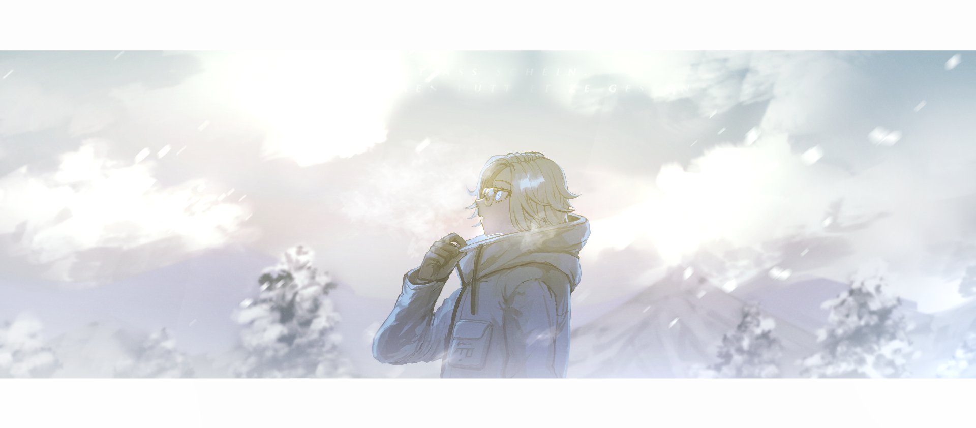 hu.to, aotsuki eito, the hundred line -last defense academy-, highres, 1boy, black gloves, blue eyes, breath, cloud, coat, day, eyelashes, from side, gloves, grey coat, grey hair, hood, hood down, long sleeves, male focus, mountain, outdoors, parted lips, profile, sky, snow, snowing, solo, tree, upper body