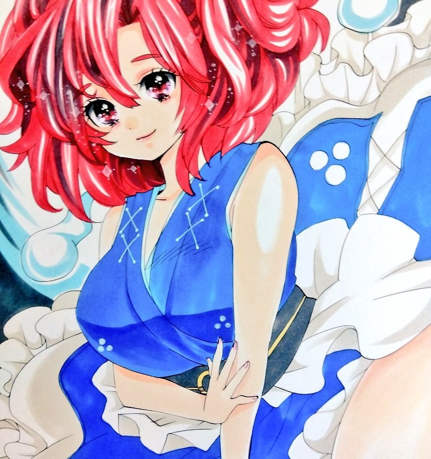 matsuppoi, onozuka komachi, touhou, 1girl, blue dress, blue sash, dress, looking to the side, medium hair, red eyes, red hair, sash, sleeveless, solo, sundress