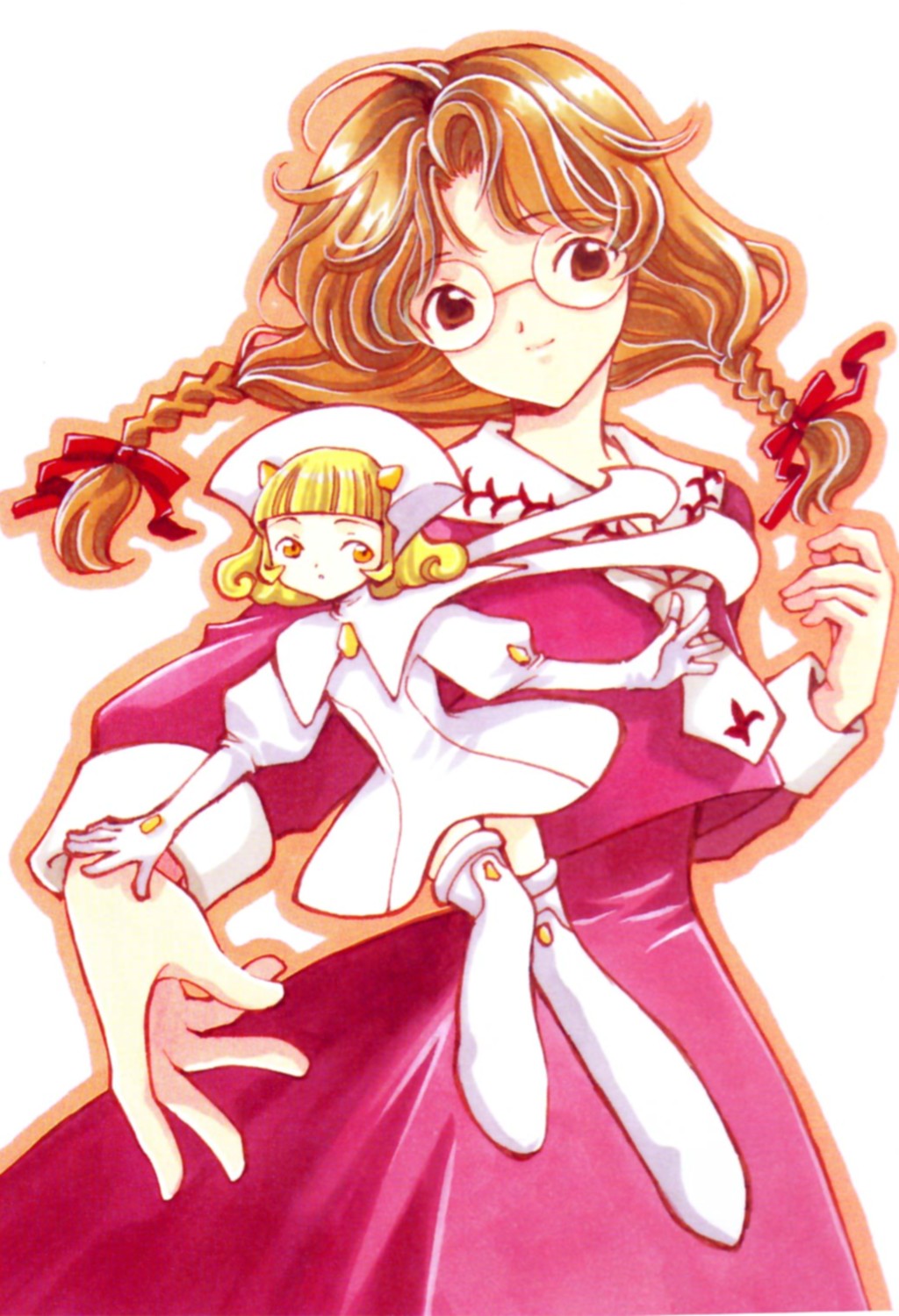 blanche, saitou kaede (angelic layer), angelic layer, artist request, highres, blonde hair, brown hair, glasses, nurse, yellow eyes