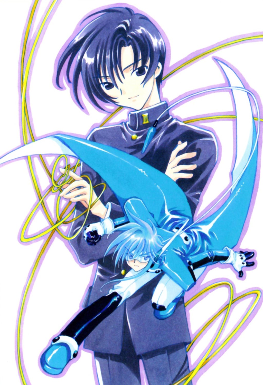 mihara oojirou, wizard (angelic layer), angelic layer, highres, 1boy, black hair, blue hair, male focus, multiple views