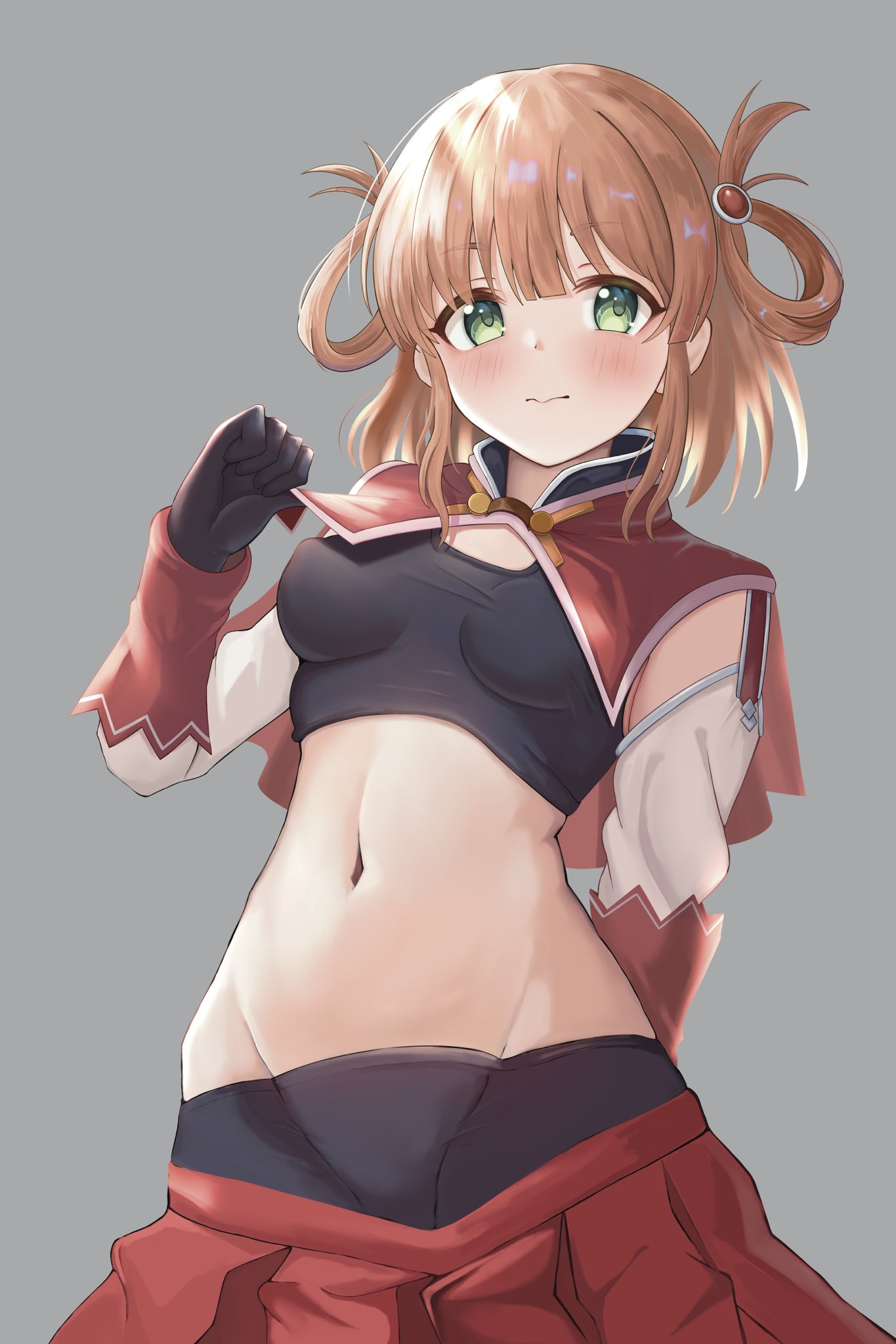 craig (2980ct), rino (princess connect!), princess connect!, highres, 1girl, arm behind back, bike shorts, bike shorts under skirt, black gloves, black sports bra, breasts, capelet, closed mouth, clothes pull, detached sleeves, gloves, green eyes, groin, hair rings, light blush, medium breasts, navel, orange hair, red capelet, red skirt, simple background, skirt, skirt pull, sports bra