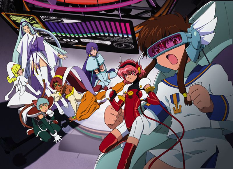 blanche, hikaru (angelic layer), mao (angelic layer), ranga (angelic layer), shirahime (angelic layer), suzuhara misaki, angelic layer, visor, blonde hair, blue hair, brown hair, nurse, pink hair, red eyes, school uniform, serafuku, thighhighs
