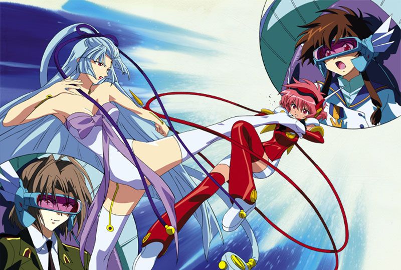 hikaru (angelic layer), jounouchi sai, shirahime (angelic layer), suzuhara misaki, angelic layer, blue hair, brown hair, pink hair, red eyes, school uniform, serafuku, thighhighs