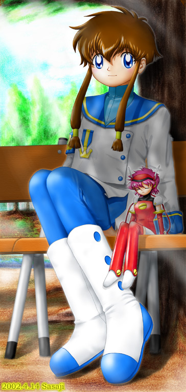 hikaru (angelic layer), suzuhara misaki, angelic layer, blue eyes, brown hair, pink hair, red eyes, school uniform, serafuku, thighhighs