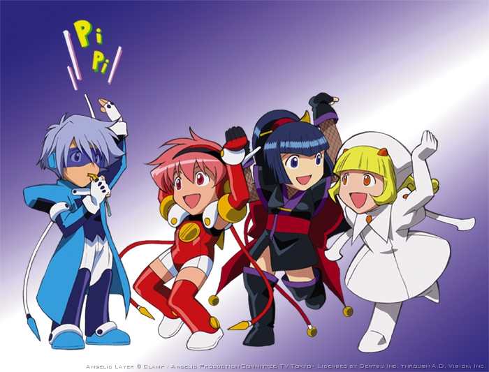 blanche, hikaru (angelic layer), suzuka (angelic layer), wizard (angelic layer), angelic layer, black hair, blonde hair, blue hair, pink hair, red eyes, yellow eyes