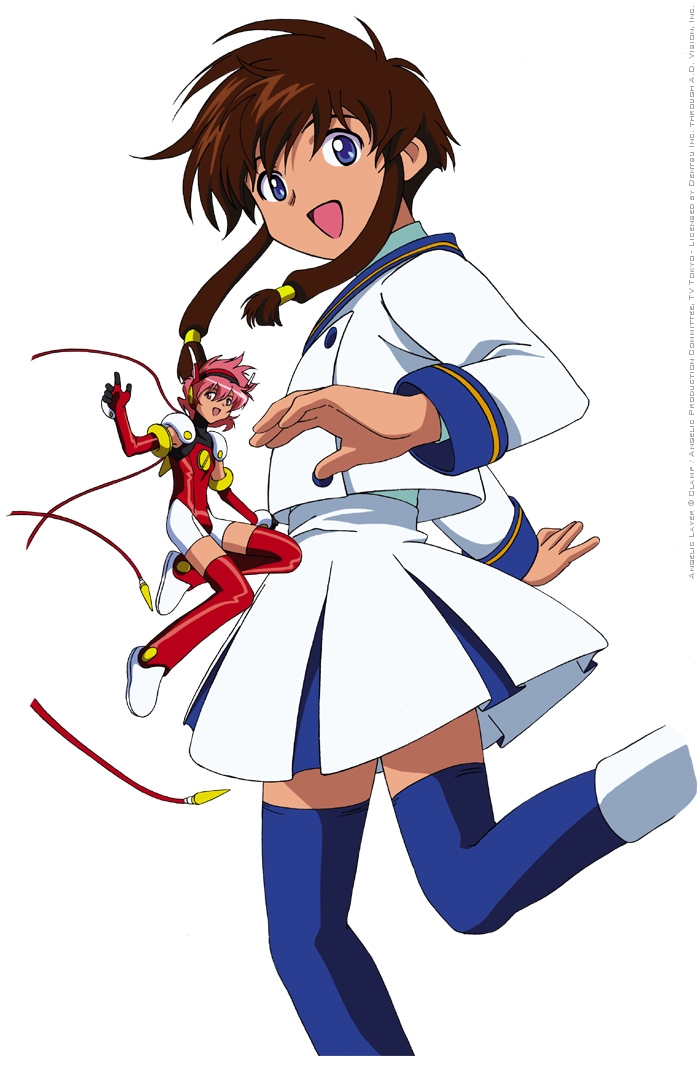 hikaru (angelic layer), suzuhara misaki, angelic layer, blue eyes, brown hair, pink hair, red eyes, school uniform, serafuku, thighhighs