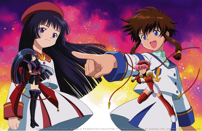 hikaru (angelic layer), kobayashi hatoko, suzuhara misaki, suzuka (angelic layer), angelic layer, black hair, blue eyes, brown hair, pink hair, purple eyes, red eyes, school uniform, serafuku