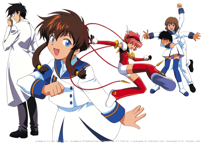 hikaru (angelic layer), kizaki tamayo, kobayashi kotaro, mihara ichiro, suzuhara misaki, angelic layer, blue eyes, brown hair, glasses, pink hair, red eyes, school uniform, serafuku