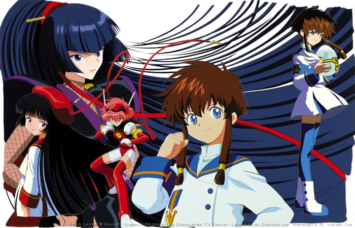 hikaru (angelic layer), kobayashi hatoko, suzuhara misaki, suzuka (angelic layer), angelic layer, black hair, blue eyes, brown hair, pink hair, red eyes, school uniform, serafuku