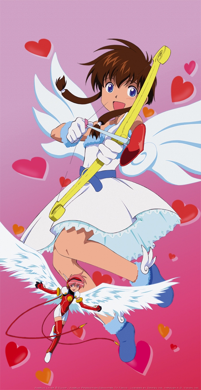 hikaru (angelic layer), suzuhara misaki, angelic layer, highres, scan, angel wings, arrow (projectile), blue eyes, bow (weapon), brown hair, doll, heart, heart arrow, low-tied sidelocks, pink hair, red eyes, sidelocks, weapon, wings