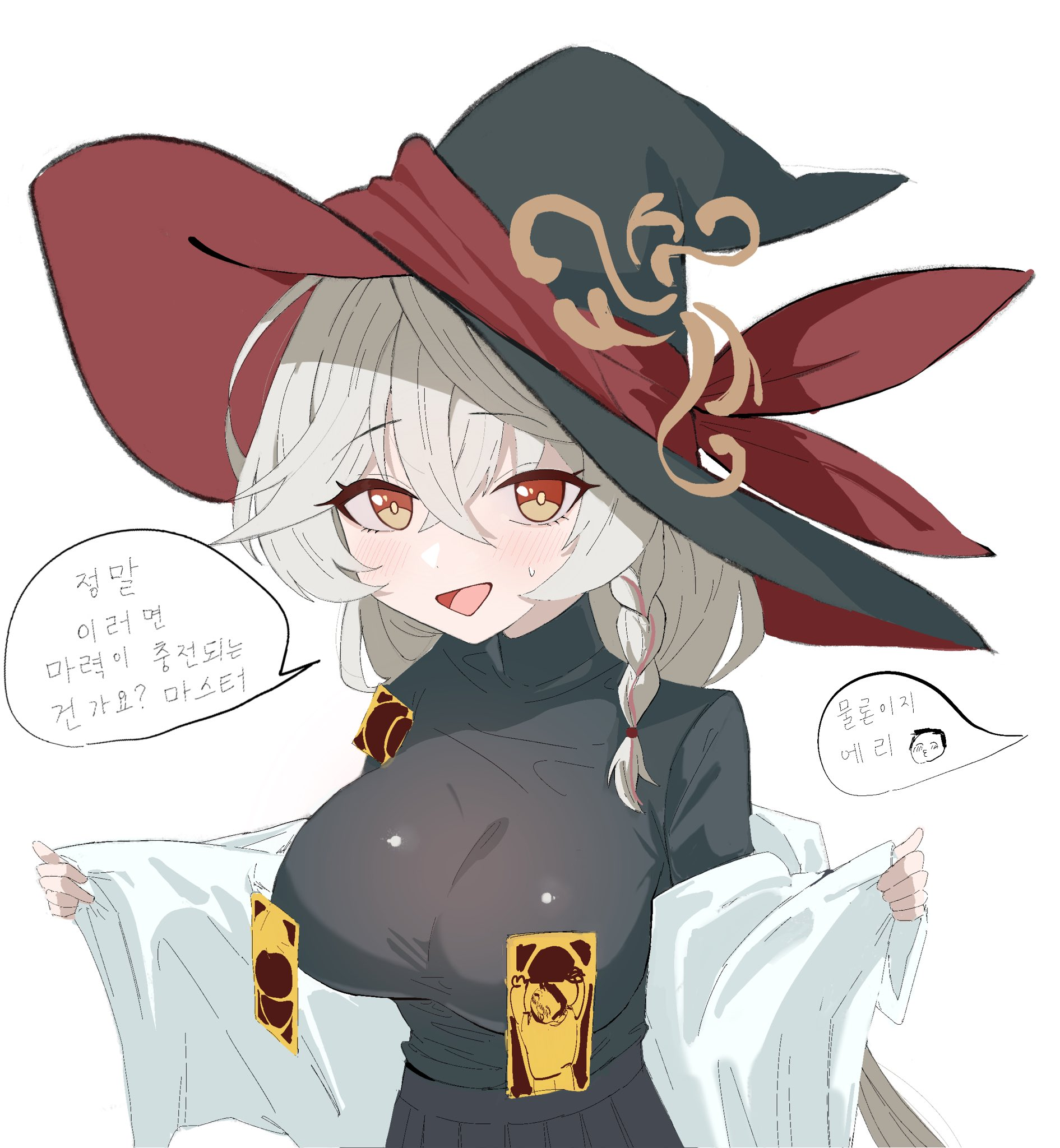 doodle sensei (blue archive), eri (blue archive), sensei (blue archive), blue archive, blush, bow, bowtie, braid, breasts, card, halo, hat, large breasts, long hair, orange eyes, shirt, shirt partially removed, skirt, speech bubble, sweatdrop, sweater, white hair, witch hat