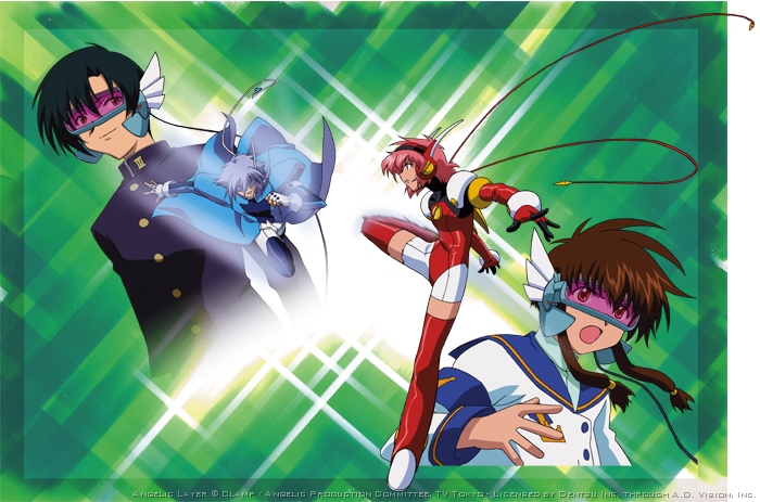 hikaru (angelic layer), mihara oojirou, suzuhara misaki, wizard (angelic layer), angelic layer, 2boys, 2girls, black hair, blue eyes, blue hair, brown hair, multiple boys, multiple girls, pink hair, school uniform, serafuku