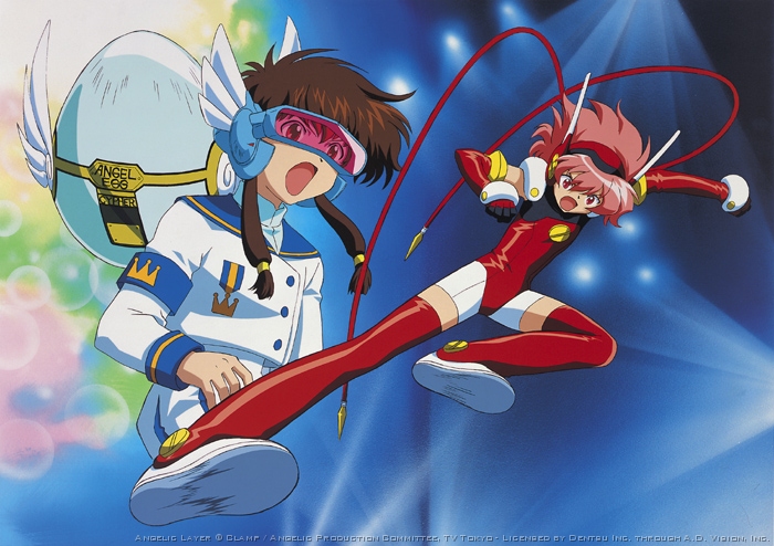 hikaru (angelic layer), suzuhara misaki, angelic layer, brown hair, pink hair, red eyes, school uniform, serafuku