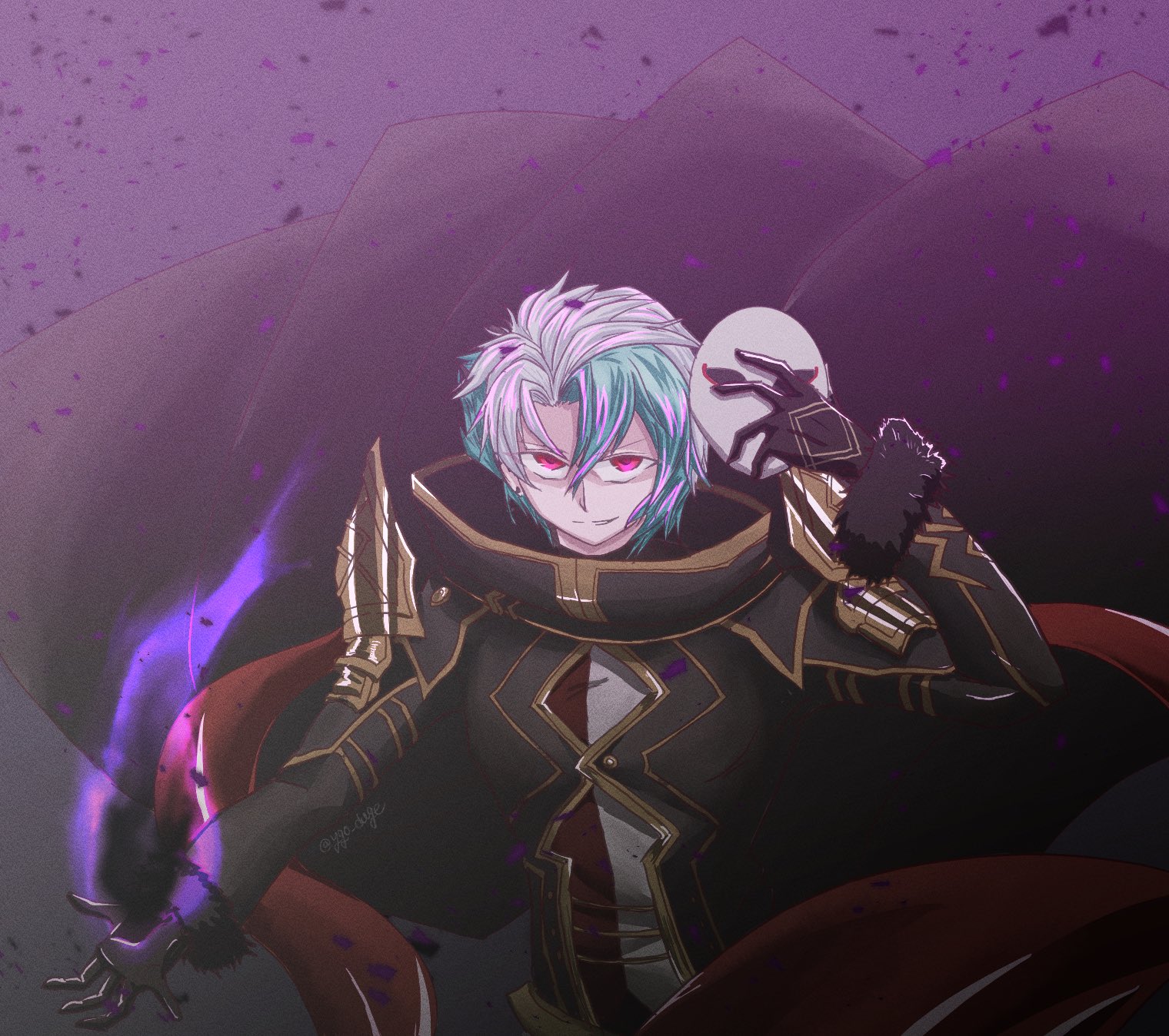 deus prometheus (grimms notes), grimms notes, 1boy, black coat, coat, green hair, holding, holding mask, male focus, mask, red eyes, solo, upper body, white hair, ygo duge