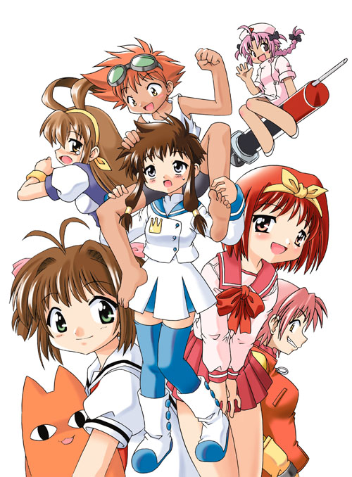 edward wong hau pepelu tivrusky iv, haruhara haruko, kamigishi akari, kinomoto sakura, mihama chiyo's father, nakahara komugi, suzuhara misaki, angelic layer, azumanga daiou, cardcaptor sakura, cowboy bebop, flcl, nurse witch komugi-chan, to heart, to heart (series), 00s, 1990s (style), 6+girls, blue eyes, brown hair, creature, crossover, happy, long hair, looking at viewer, multiple girls, orange hair, pink hair, red hair, retro artstyle, school uniform, serafuku, short hair, smile, tomoeda middle school uniform