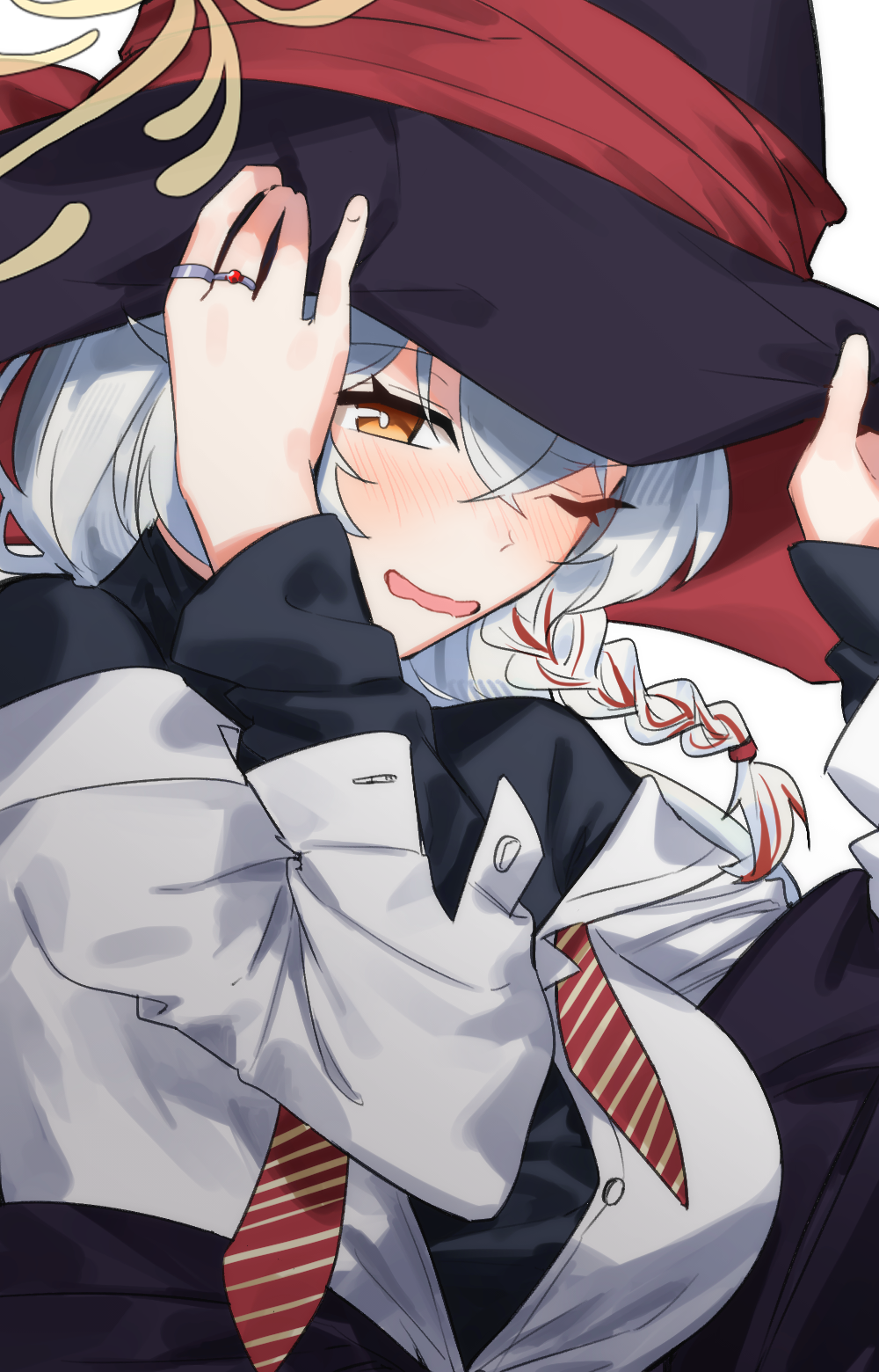 renirum 14, eri (blue archive), blue archive, bow, bowtie, braid, halo, hat, holding headgear, jacket, jewelry, long coat, long hair, one eye closed, open clothes, open shirt, orange eyes, ring, shirt, skirt, sweater, white hair, witch hat