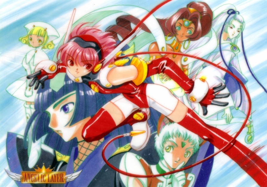 blanche, hikaru (angelic layer), mao (angelic layer), ranga (angelic layer), shirahime (angelic layer), suzuka (angelic layer), angelic layer, black hair, blonde hair, blue hair, brown hair, green eyes, nurse, pink hair, red eyes, yellow eyes