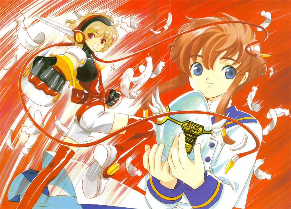 hikaru (angelic layer), suzuhara misaki, angelic layer, blue eyes, brown hair, pink hair, red eyes, school uniform, serafuku