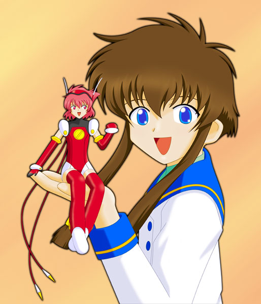 hikaru (angelic layer), suzuhara misaki, angelic layer, blue eyes, brown hair, pink hair, red eyes, school uniform, serafuku