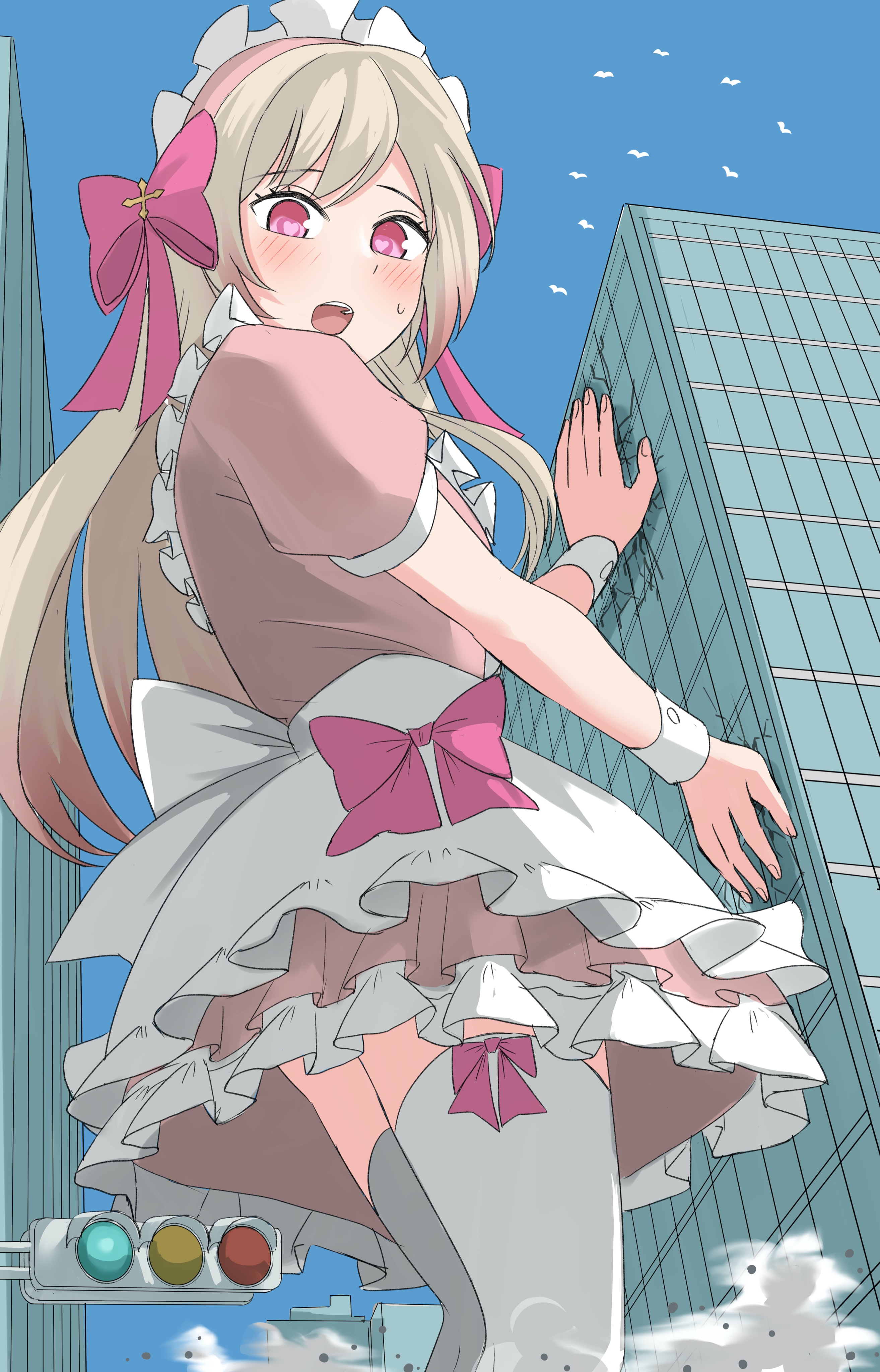 piyonaf, chaos marie (grimms notes), grimms notes, 1girl, alternate costume, blonde hair, giant, giantess, long hair, open mouth, pink eyes, solo