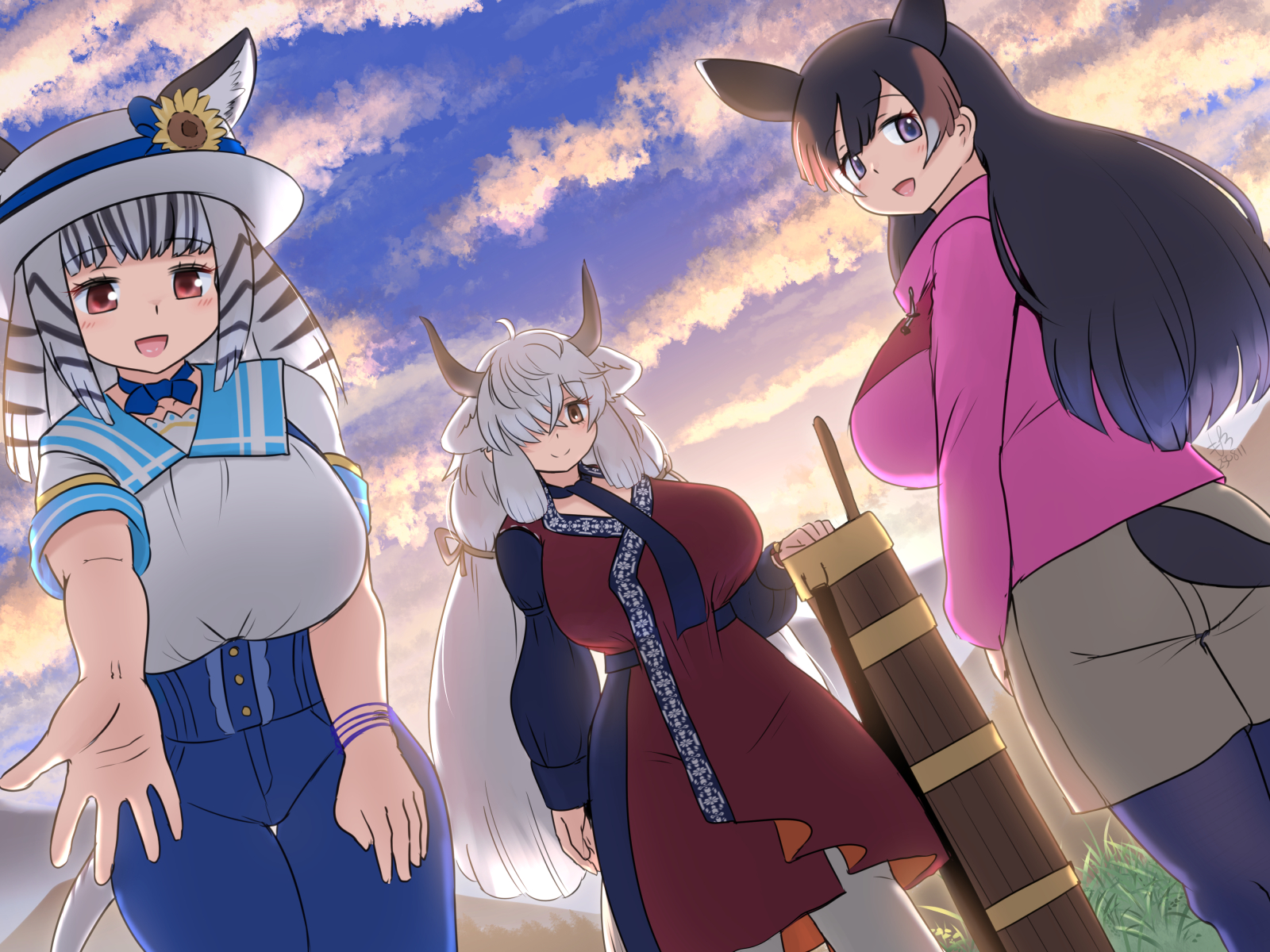 mo23, mountain tapir (kemono friends), mountain zebra (kemono friends), yak (kemono friends), kemono friends, kemono friends 3, highres, 3girls, animal ears, animal print, black hair, black horns, blush, bow, breasts, brown eyes, brown hair, casual, cow ears, cow girl, cow horns, cow tail, curvy, dress, extra ears, flower, grey horns, hair between eyes, hair flower, hair ornament, hair over one eye, horns, long hair, long sleeves, looking at viewer, multicolored hair, multicolored horns, multiple girls, open mouth, pantyhose, plump, ribbon, scarf, shirt, short sleeves, skirt, smile, tail, tapir ears, tapir girl, tapir tail, twintails, two-tone hair, very long hair, white hair, zebra ears, zebra girl, zebra print, zebra tail