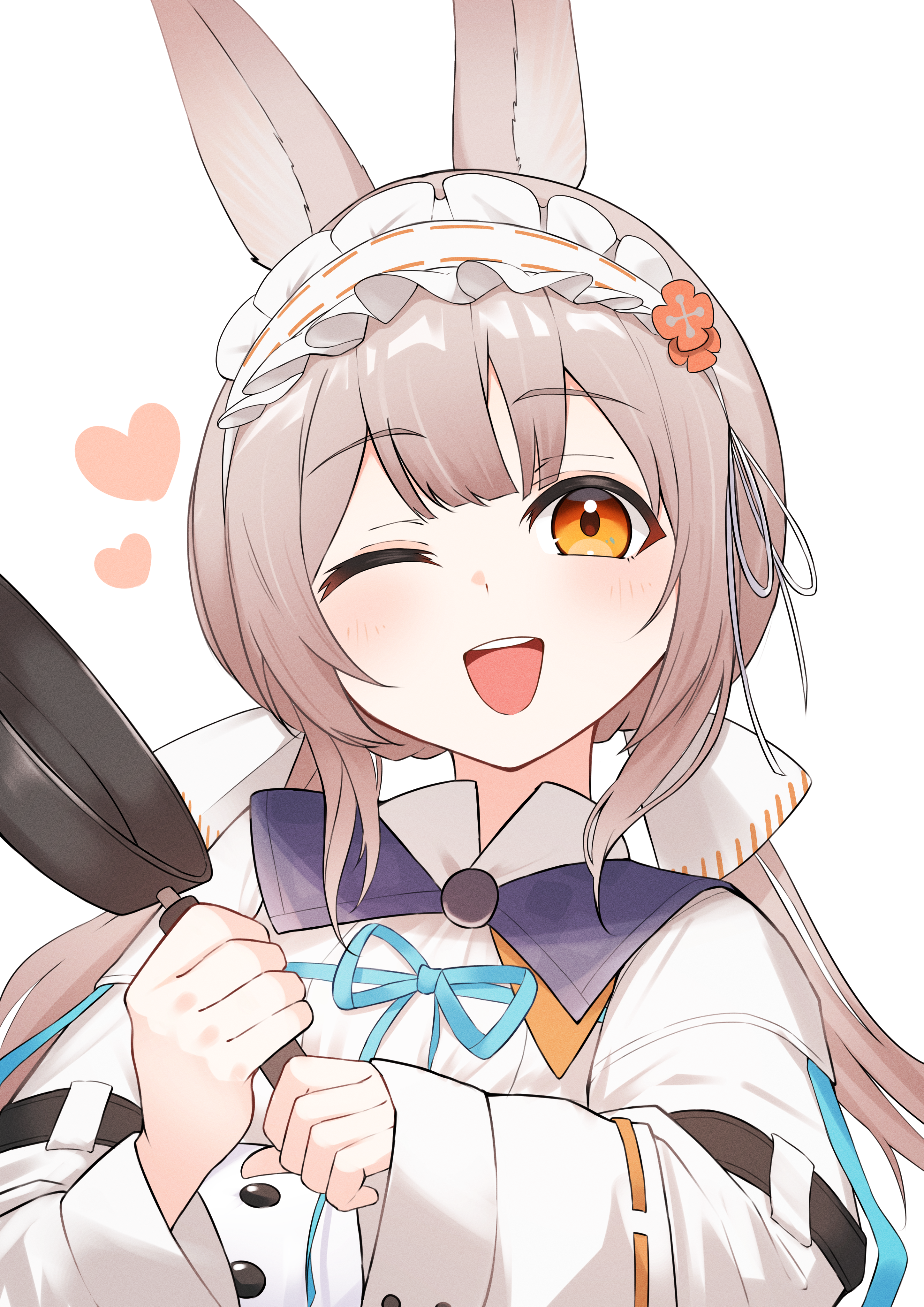 k@bu, warmy (arknights), arknights, absurdres, commentary, highres, 1girl, animal ears, aqua ribbon, grey hair, heart, holding pan, long hair, long sleeves, looking at viewer, maid headdress, one eye closed, orange eyes, rabbit ears, ribbon, ribbon-trimmed sleeves, ribbon trim, shirt, simple background, smile, solo, teeth, upper teeth only, white background, white shirt