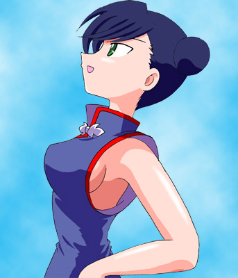 fujisaki madoka, angelic layer, artist request, lowres, tagme, 1girl, black hair, breasts, chinese clothes, female focus, green eyes, sideboob, solo