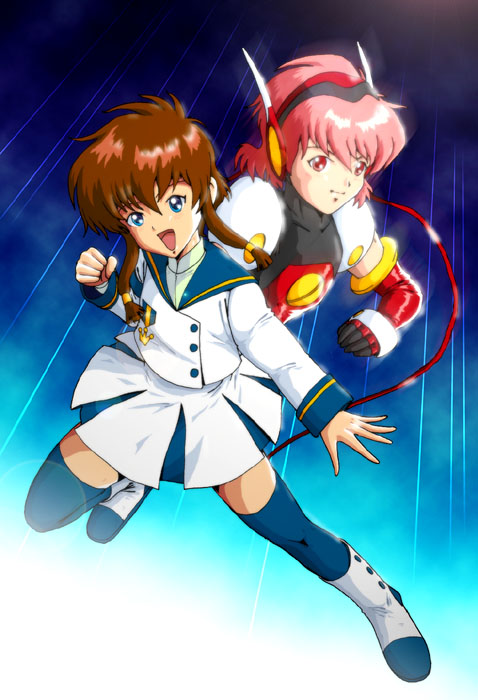 hikaru (angelic layer), suzuhara misaki, angelic layer, blue eyes, brown hair, pink hair, red eyes, school uniform, serafuku, thighhighs