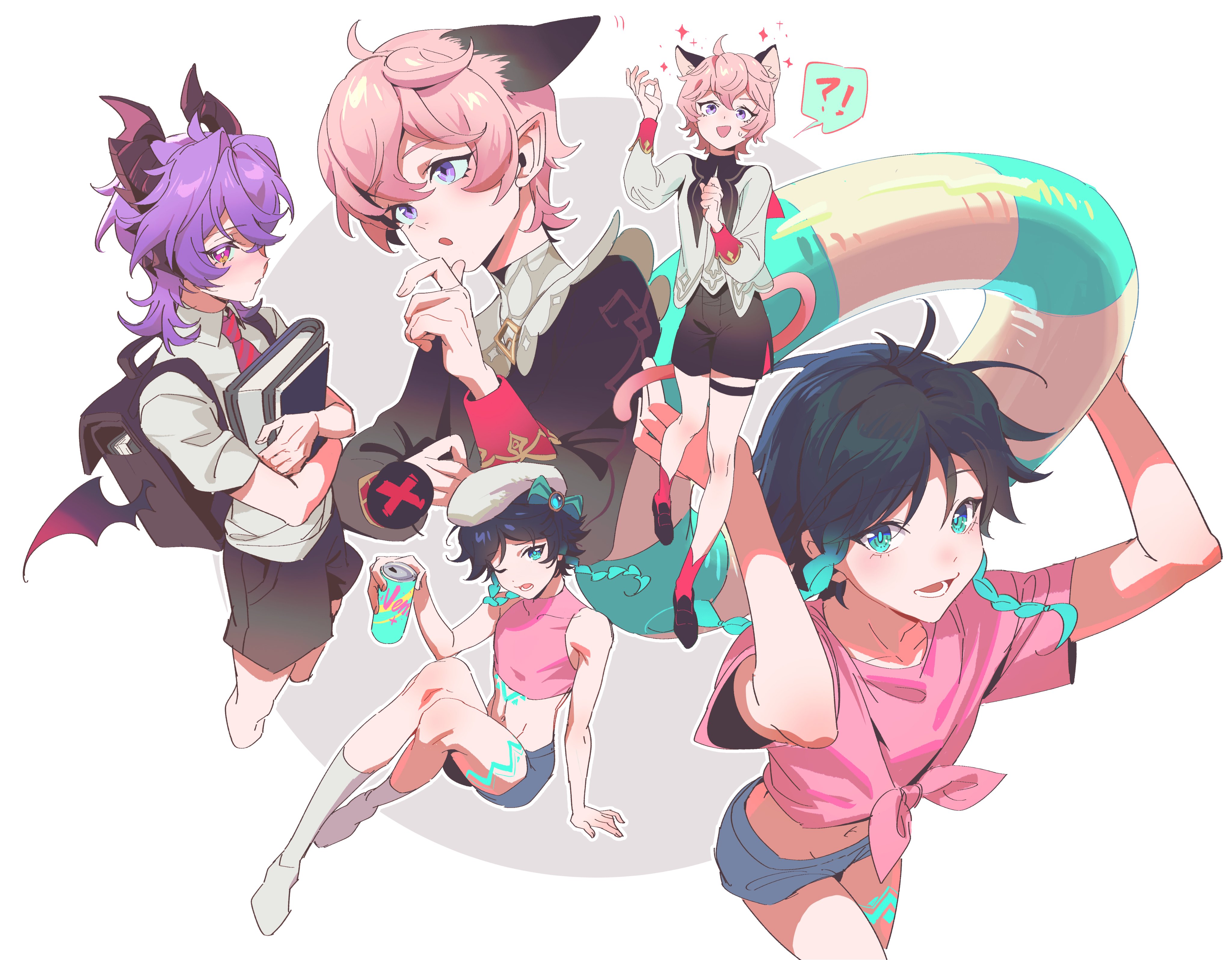 fridaynightcat, dahlia (genshin impact), mini durin (dragon) (genshin impact), mini durin (genshin impact), venti (genshin impact), genshin impact, absurdres, commentary request, highres, !?, 3boys, alternate costume, animal ear fluff, animal ears, backpack, bag, black hair, black shorts, blue eyes, blue hair, blue shorts, book, braid, can, collared shirt, dragon boy, dragon horns, front-tie top, holding, holding book, holding can, holding swim ring, horns, innertube, kemonomimi mode, male focus, multiple boys, necktie, open mouth, pink hair, pointy ears, purple eyes, purple hair, shirt, short shorts, short sleeves, shorts, simple background, socks, sparkle, stomach, swim ring, tail, tattoo, thigh strap, trap, twin braids, white background, white socks